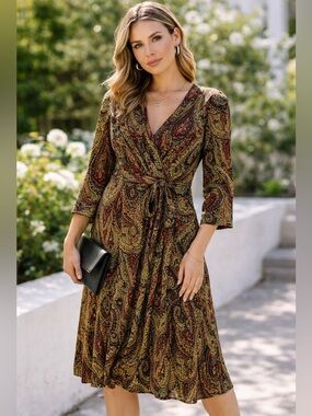 connected apparel Paisley Wrap Midi Dress in Olive and Burgundy
